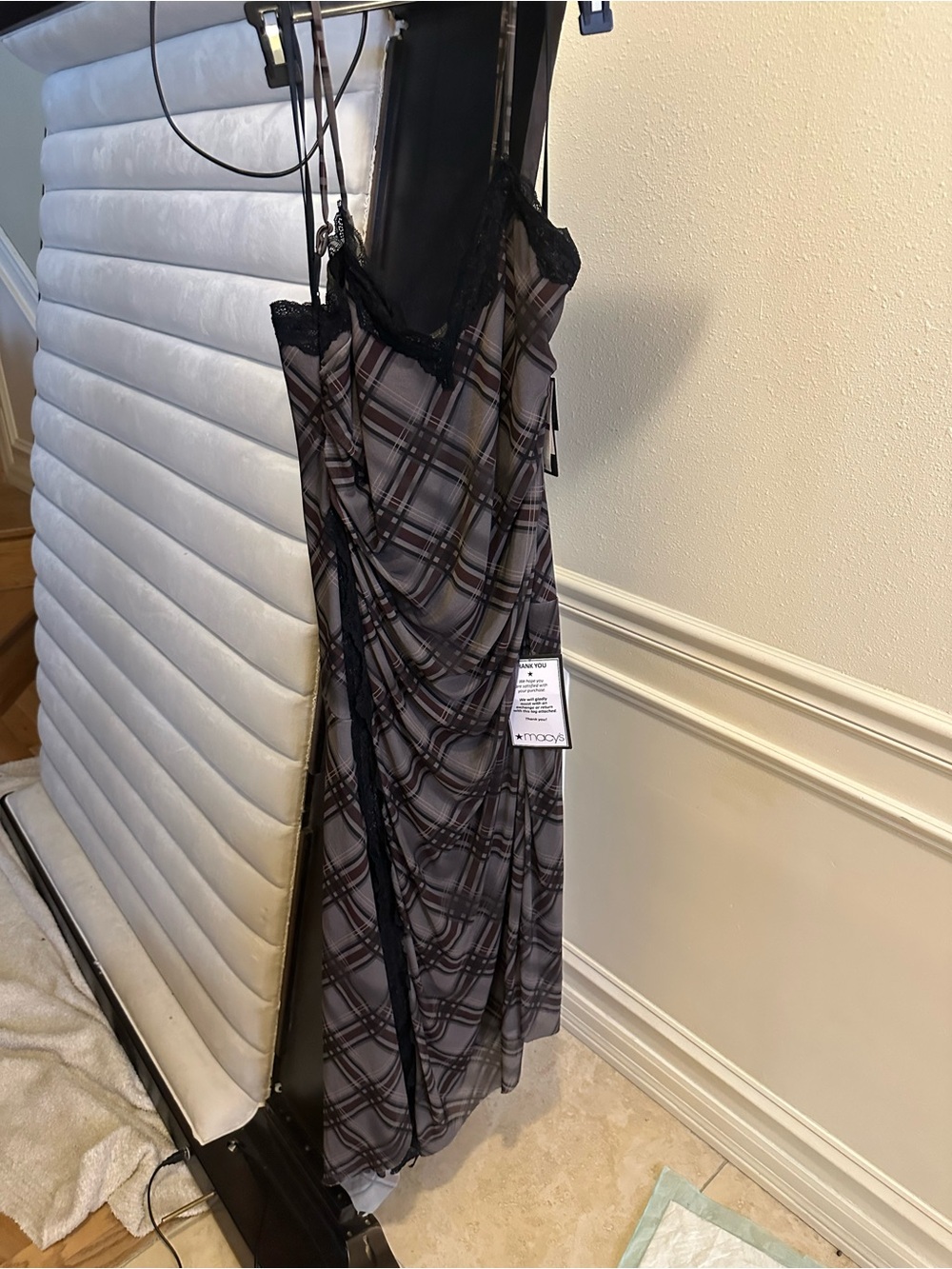 Plaid Slip Dress with Lace Trim - Gray